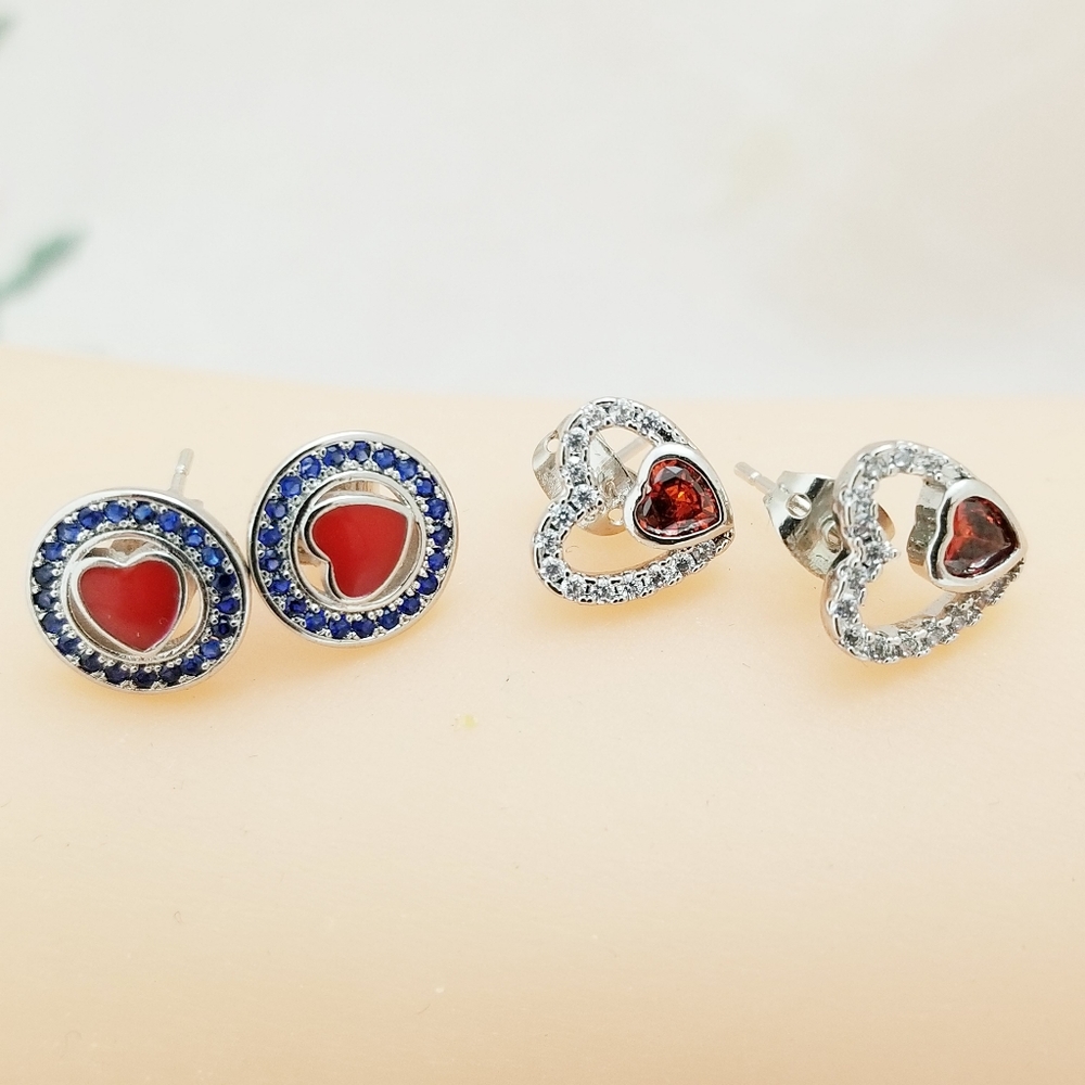 White Gold Plated Red Heart Women's Earrings. 2 pairs. New